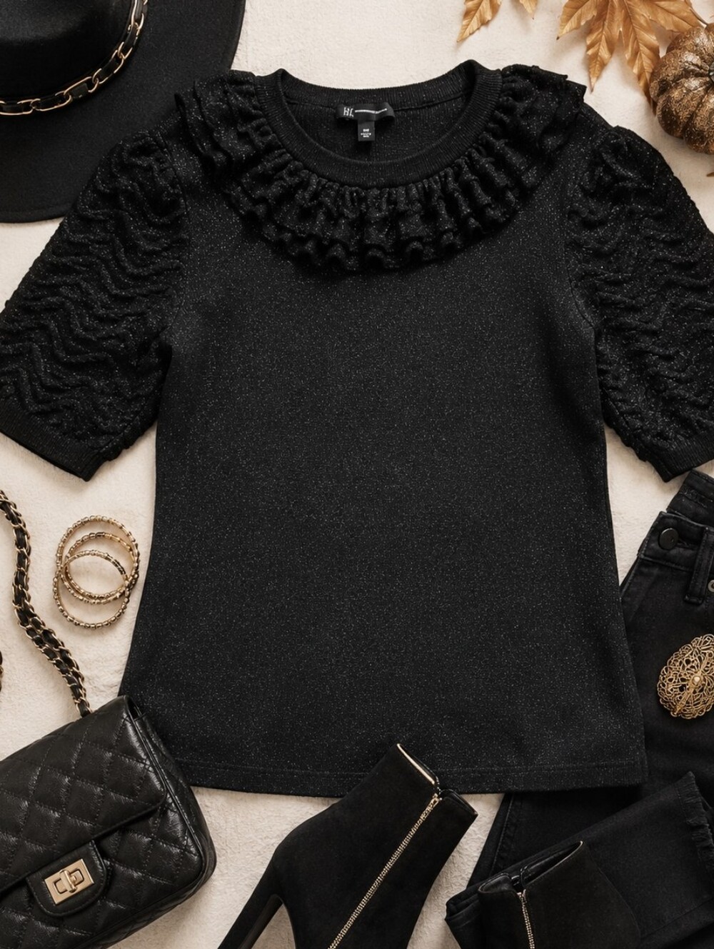 Plus XXL Black Short Sleeve Sweater Sparkle Statement Sleeve Ruffle Neck Goth